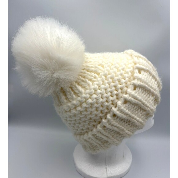 Free People Ivory Chunky Knit Acrylic Winter Pompom Beanie Hat O/S - Picture 6 of 6